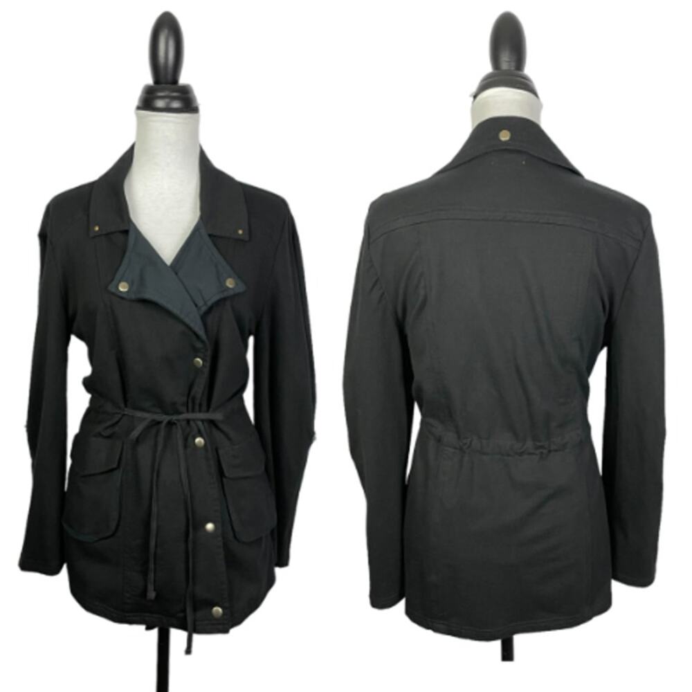 Kyla Seo | Black Cinch Waist Roll Tab Long Sleeve Snap Button Casual Jacket